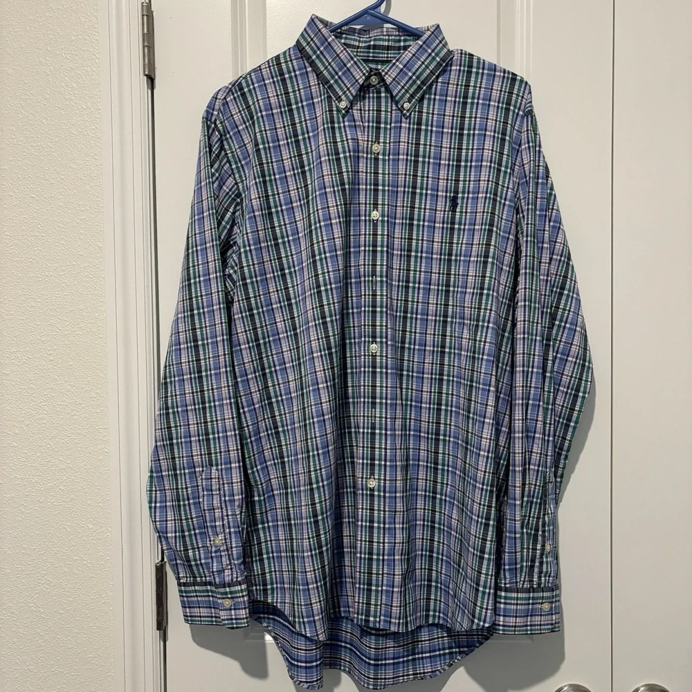 Ralph‎ Lauren Performance Plaid Long Sleeve Polo Shirt Blue Mens L
